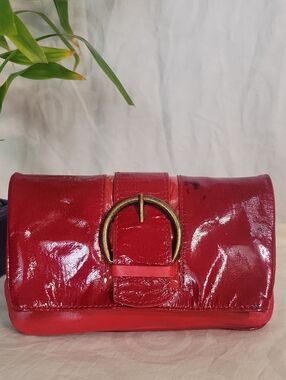 Donald J. Pliner Red Patent Leather Clutch with Gold Buckle